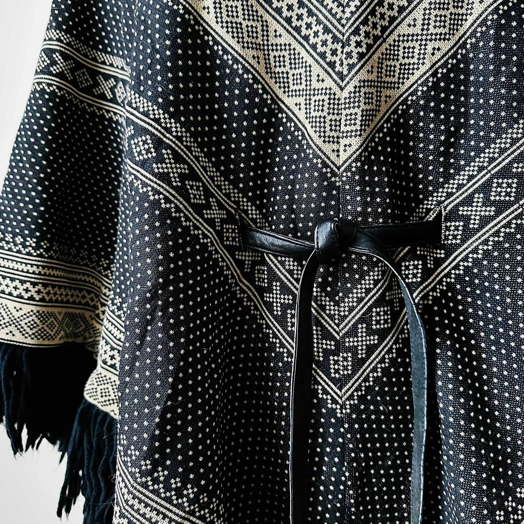 1970s Tan and Black Fringe Collared Button Neck Patterned Wool Poncho Shawl - O/S