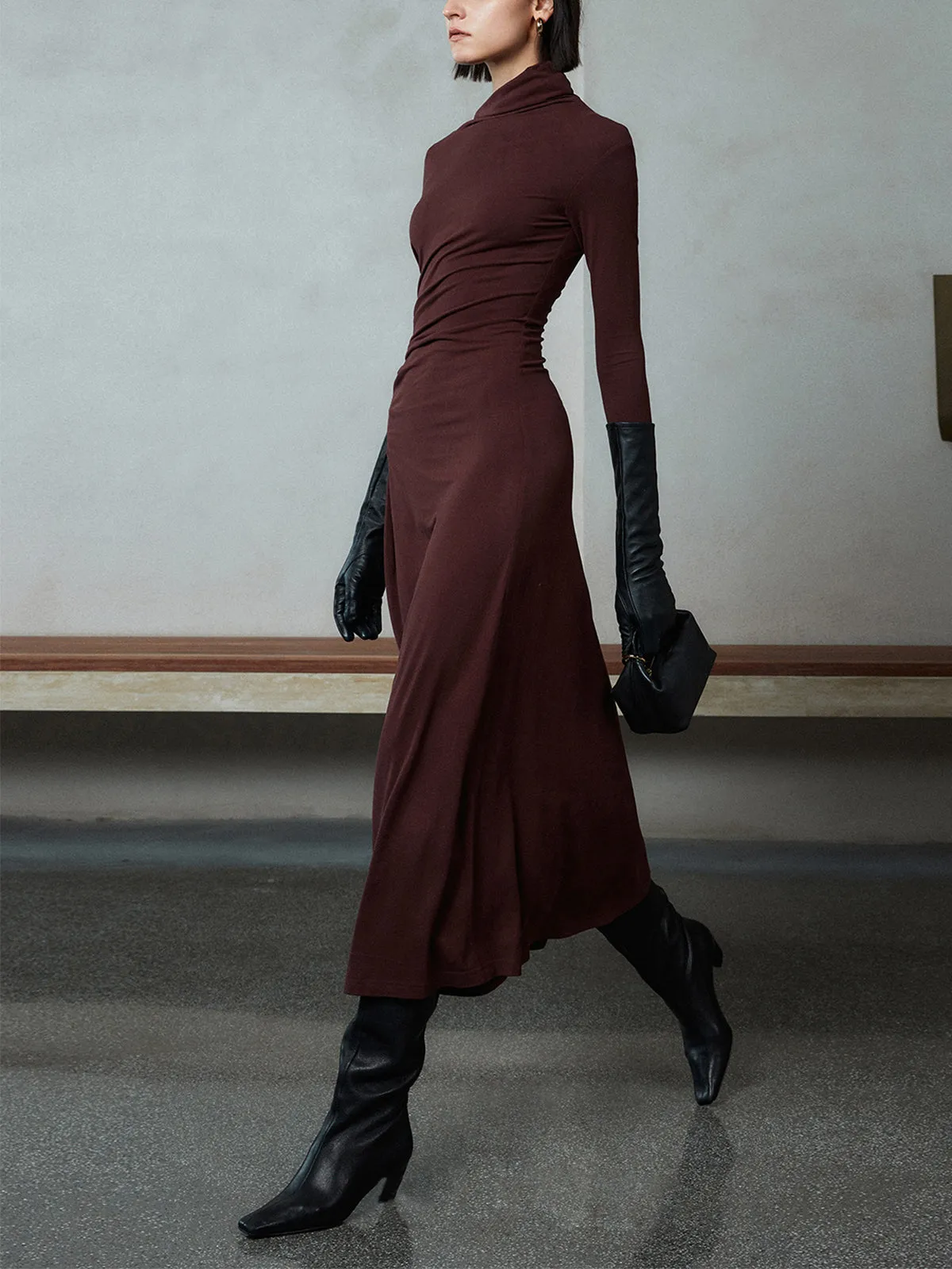 Bodycon Asymmetrical Neck Long Modern Sleeve Ruched Maxi Dress