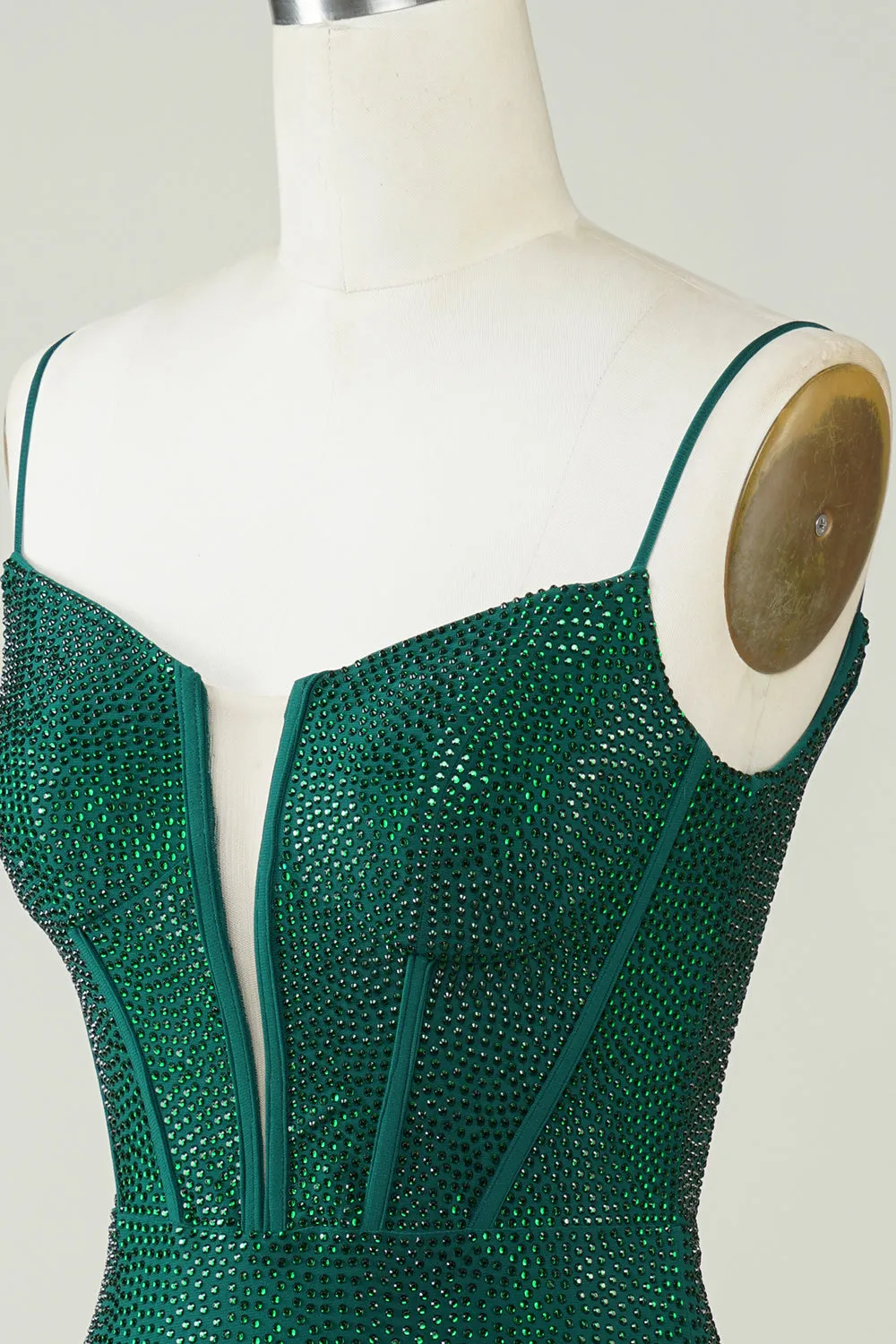 Dark Green Sparkly Bodycon Spaghetti Strap Short Homecoming Dress with Beading
