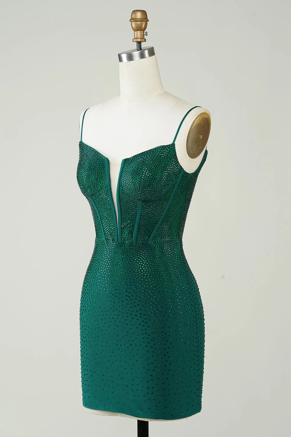 Dark Green Sparkly Bodycon Spaghetti Strap Short Homecoming Dress with Beading