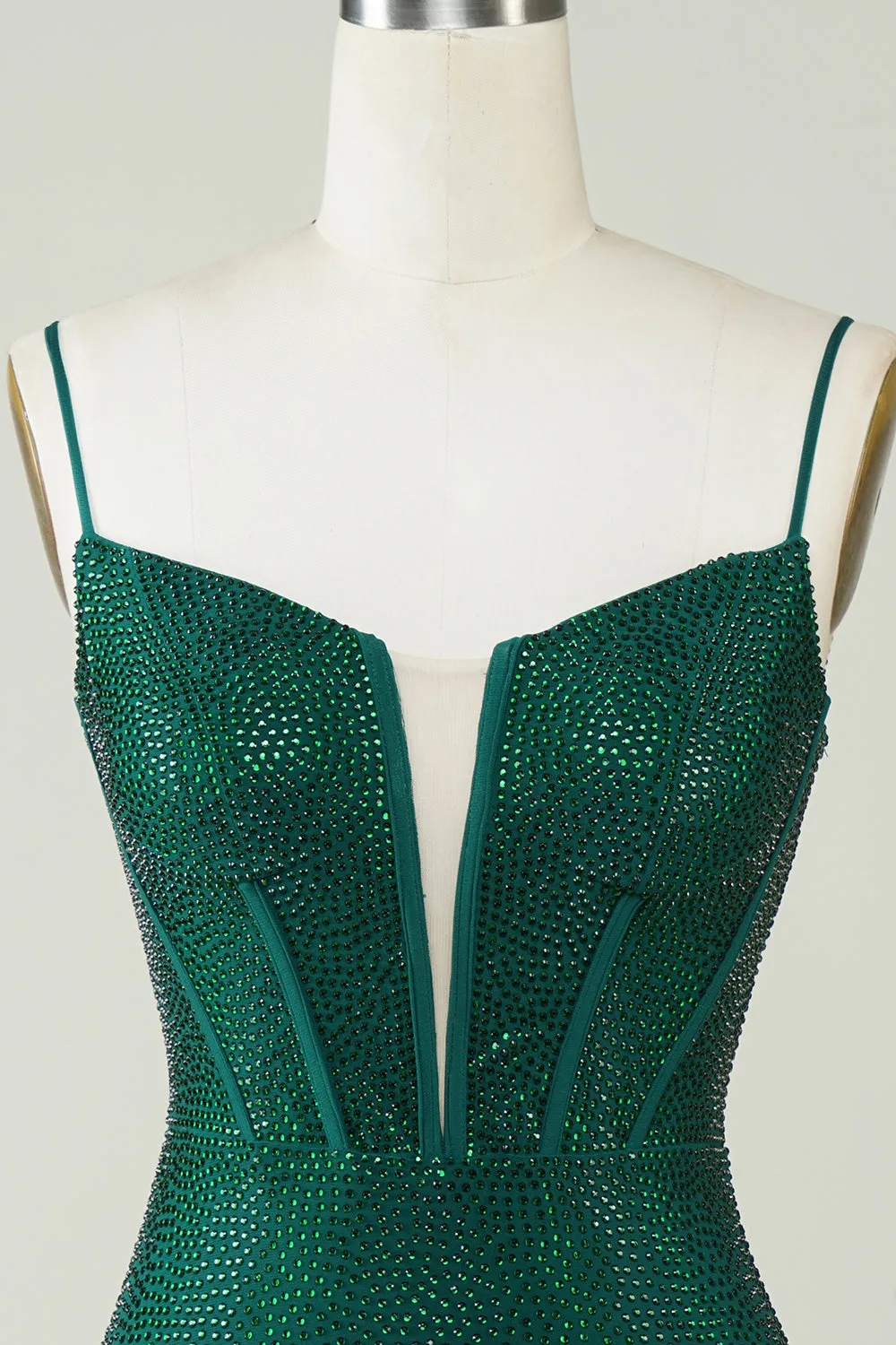 Dark Green Sparkly Bodycon Spaghetti Strap Short Homecoming Dress with Beading
