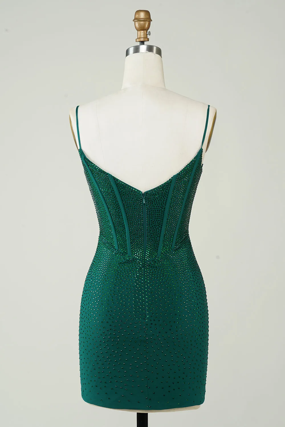 Dark Green Sparkly Bodycon Spaghetti Strap Short Homecoming Dress with Beading
