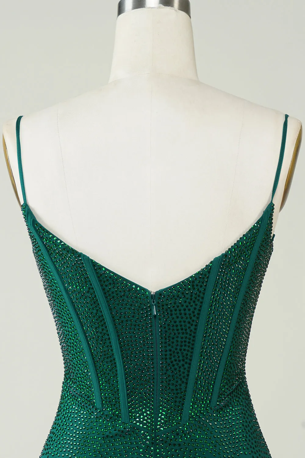 Dark Green Sparkly Bodycon Spaghetti Strap Short Homecoming Dress with Beading