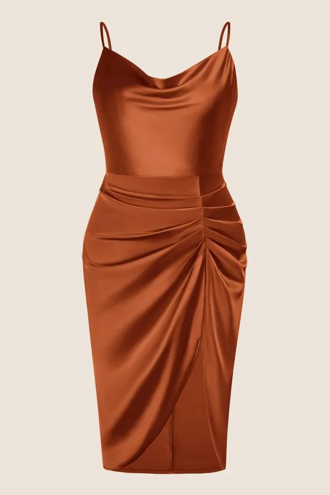 HN Front Slit Party Cowl Neck Ruched Bodycon Dress