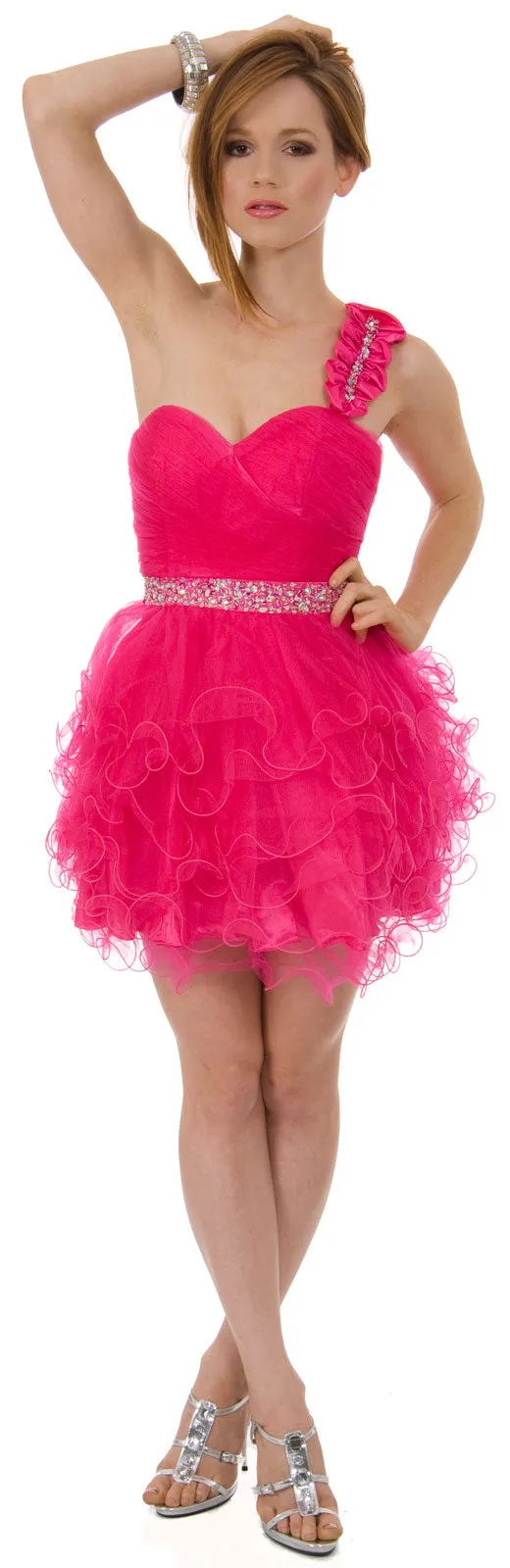 One Shoulder Tiered Skirt Mesh Short Prom Dress