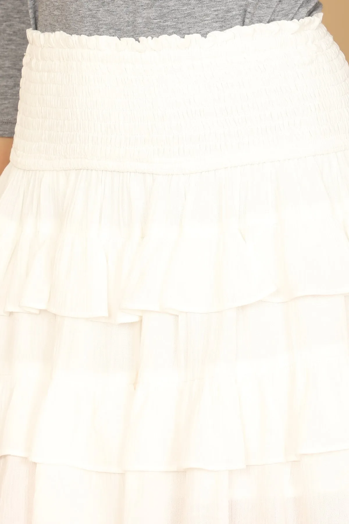 SMOCKED WAIST RUFFLE LAYERED HEM SKIRT